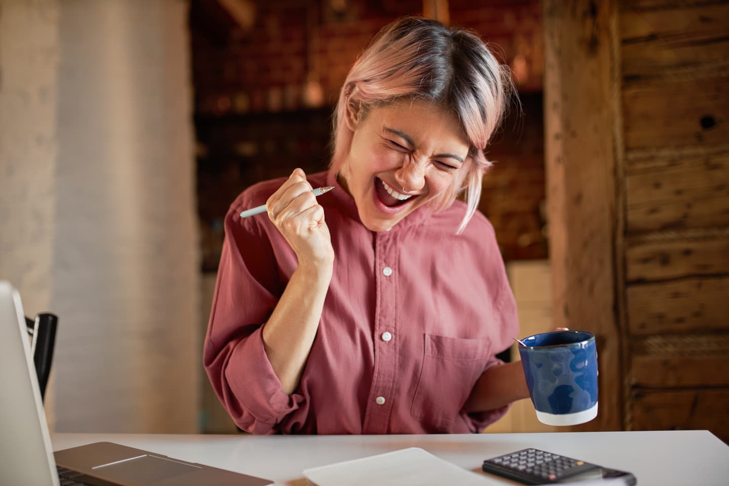 Woman excited over calculation